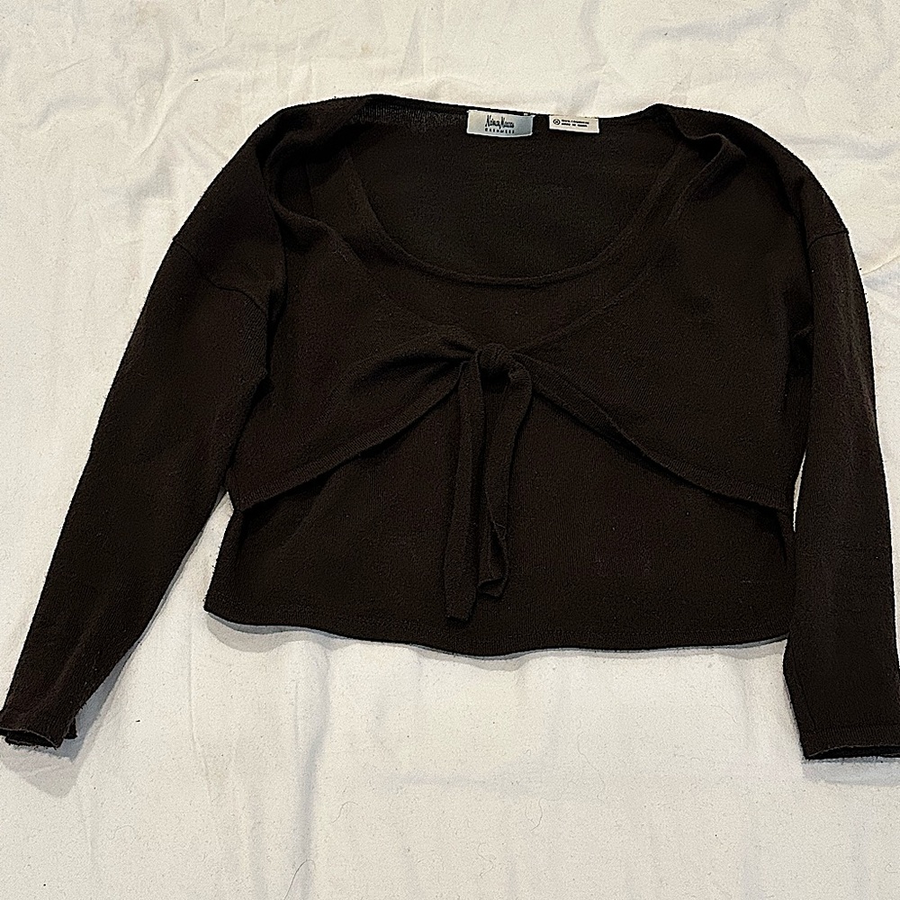 Vintage Neiman Marcus 100% Brown Cashmere sweater tie-front long-sleeved top